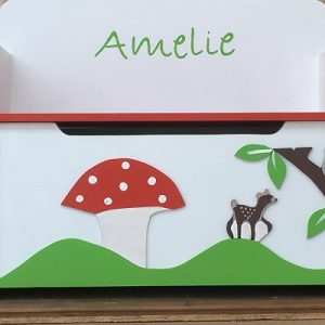 Opbergbankje bospaddenstoel met hertje en uil